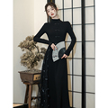 新中式国风改良日常旗袍裙2023新款秋冬法式复古黑色连衣裙高级感