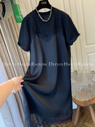 DHR 高级感黑色蕾丝醋酸缎面拼接短袖T恤假两件连衣裙子春夏新款