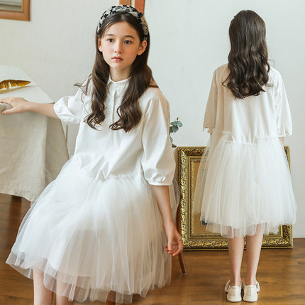 童装2024夏装新款韩版女童白色衬衫拼接纱裙中大童短袖网纱连衣裙