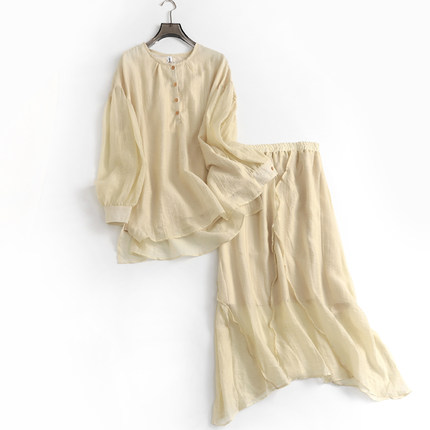 C232韩版茶歇套装女秋季新款休闲简约气质长袖衬衫长款半裙两件套