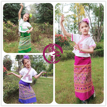 新款短袖白衣小傣族女童装棉布套装玫红绿色紫色裙西双版纳傣族女