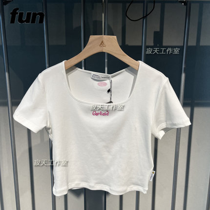 速发Fun潮牌24夏季新款女士短款弹力T恤加菲猫卡通刺绣FGT142A6W