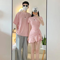 情侣装春夏装2024新款套装小众设计感显瘦粉色t恤裙子一裙一衣潮