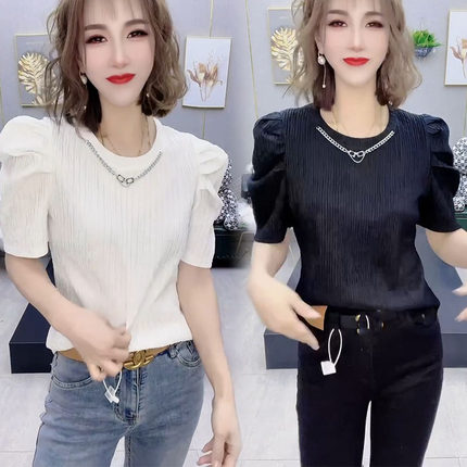 夏季新款T恤衫韩版洋气宽松显瘦设计感泡泡袖减龄女网红爆款小衫