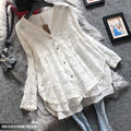 韩版小清新甜美V领宽松长袖娃娃款蕾丝罩衫开衫外套A099