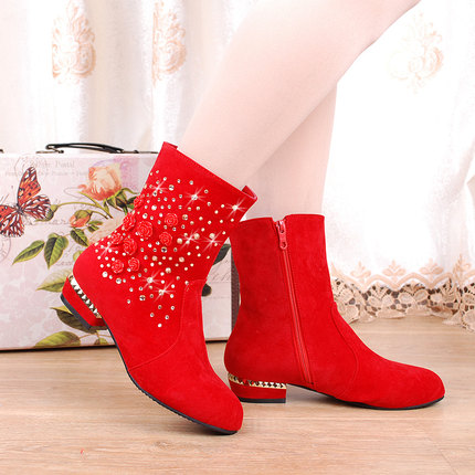 冬季加绒棉靴结婚鞋红色新娘鞋平底低跟孕妇大码短靴女靴子马丁靴