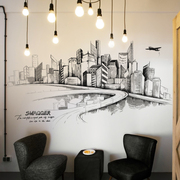 大型客厅卧室装饰品贴画时尚立体黑白手绘素描城市都市建筑墙贴纸