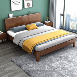 床现代简约家用卧室1.8米双人床小户型主卧1.5米单人胡桃木实木床