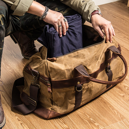 男士行李包欧美手提包出差大容量男士防水油蜡牛皮帆布斜挎旅行袋