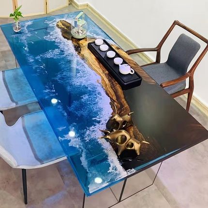 环氧树脂河流桌海浪景观实木大板茶几原木板餐桌整板家具透明雕塑