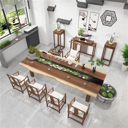 新中式循环流水茶桌茶室实木休闲桌养鱼茶台功夫茶桌椅组合办公室