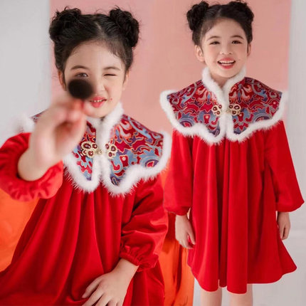 拜年服女童公主裙冬加绒洋气丝绒中国风连衣裙儿童唐装红色新年装