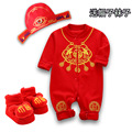 婴儿衣服春秋季新款红色刺绣长袖连体衣1周岁宝宝满月周岁礼服装