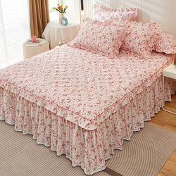 新疆全棉夹棉床裙床罩单件纯棉加厚加棉防滑床套床尾花边床单套件