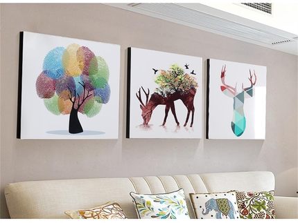 卧室沙发背景麋鹿花开富贵欧式客厅装饰无框三联   3联挂画不褪色