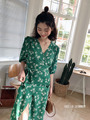 19春夏rouje绿色向日葵印花法式复古围裹式连衣裙