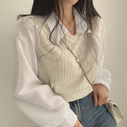 韩国chic春季复古小众法式衬衫拼接翻领灯笼袖假两件短款针织上衣
