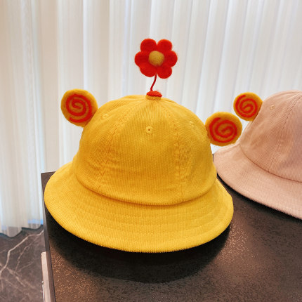2022春糖果耳朵灯芯绒儿童渔夫帽亲子盆帽花朵可折叠布帽太阳帽女
