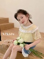 韩版女童洋气短袖雪纺衫23夏季新款纯棉蕾丝圆领鹅黄色上衣娃娃衫