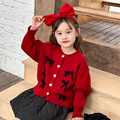 韩版儿童上衣新年款女童甜美红色蝴蝶结针织衫包芯纱针织毛衣外套