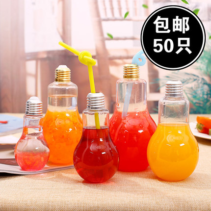 饮料瓶一次性塑料带盖空瓶果汁杯透明350mlpet外卖网红塑料灯泡瓶