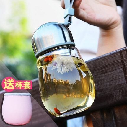 企鹅玻璃杯便携女士水杯子泡茶杯可爱果汁杯创意随手杯带盖花茶