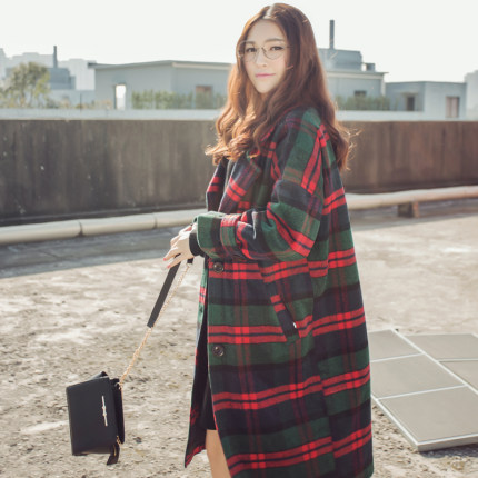 2015冬季新品韩版女装宽松大码复古格子长款加厚加棉毛呢大衣外套