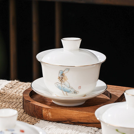 盖碗单个羊脂玉陶瓷高端大号泡茶功夫三才碗德化白瓷茶碗茶杯茶具