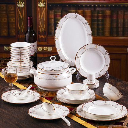 景德镇碗碟套装 56头骨瓷餐具韩式高档金边家用陶瓷碗盘子巴洛克