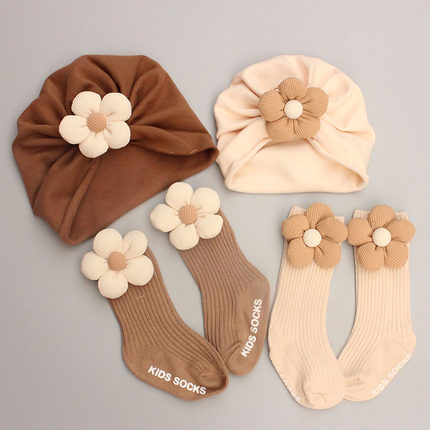 可爱花朵组合0-12个月秋初生婴儿胎帽新生儿冬季男女宝宝袜子帽子