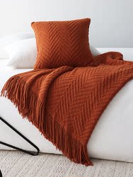 春秋针织空调盖毯沙发装饰毛毯床尾巾搭毯美式复古简约风桔色包邮