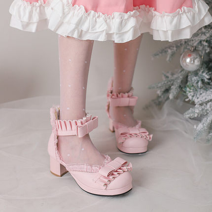 洛丽塔lolita蝴蝶结褶皱原创包头凉鞋软妹萝莉高跟女鞋子粗跟凉靴