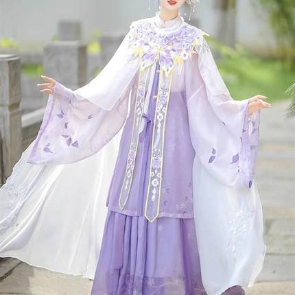 新款汉服女古装明制云肩紫色齐腰襦裙披风斗篷春夏季超仙飘逸套装