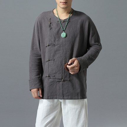 中国风复古男装不规则铜纽扣圆领唐装长短袖洗水麻褂子上衣衬衫