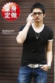 韩版男士黑色白边V领短袖T恤商务修身打底短袖单衣 拼领边半袖t恤