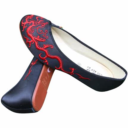 高新款日常美绣品中式平底软底防滑汉服中国龙图腾黑色绣花单鞋