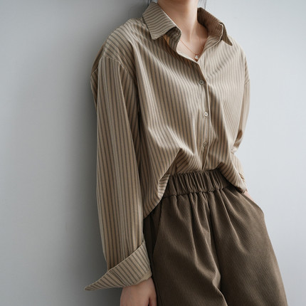 复古港味条纹长袖衬衫女设计感小众2023秋季新款法式宽松洋气上衣