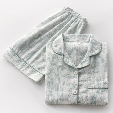 日系蘑菇小兔睡衣女士夏季纯棉纱布薄款宽松短袖短裤家居服套装
