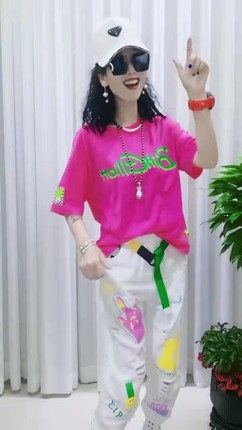 潮牌2023夏装女装T恤时尚休闲粉红色韩版洋气时髦长裤女牛仔套装