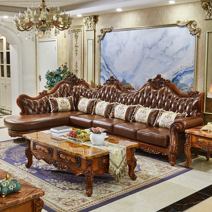 欧式真皮转角沙发美式实木复古贵妃椅沙发大户型客厅别墅沙发组合