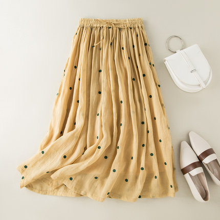 外贸出口日系夏季设计感小众波点遮胯显瘦中长款棉麻仙女半身裙子