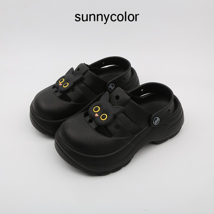 SUNNY COLOR黑白猫洞洞鞋女款夏季外穿防滑厚底包头增高凉拖鞋ins