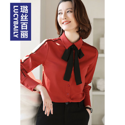 红色蝴蝶结衬衫女长袖时尚洋气复古雪纺系带衬衣2024打底职业上衣