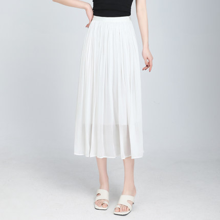 半身裙女2024夏季新款显瘦高腰中长款百褶裙白色裙仙女裙薄款纱裙
