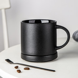 磨砂高档陶瓷北欧式黑色大容量马克杯子创意简约咖啡杯带盖勺水杯