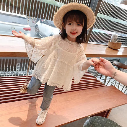 儿童洋气套装2024夏款新款韩版女童蕾丝碎花衬衫+吊带背心两件套