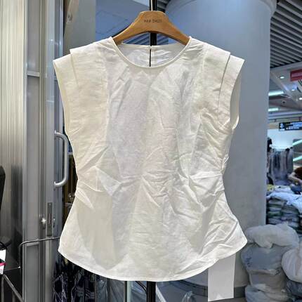 欧货2024夏季新款女圆领拼接设计感无袖上衣收腰显瘦麻料小衫衬衫