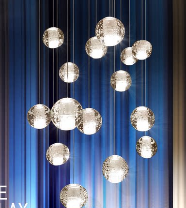别墅复式楼楼梯灯简约餐厅客厅北欧创意玻璃流星雨水晶圆球长吊灯