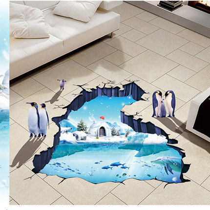 创意3d墙贴画北极熊企鹅地板瓷砖海报贴纸自粘可移除客厅房间卧室