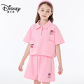 迪士尼草莓熊女童夏季短袖polo衫休闲裤套装儿童时尚洋气T恤套装